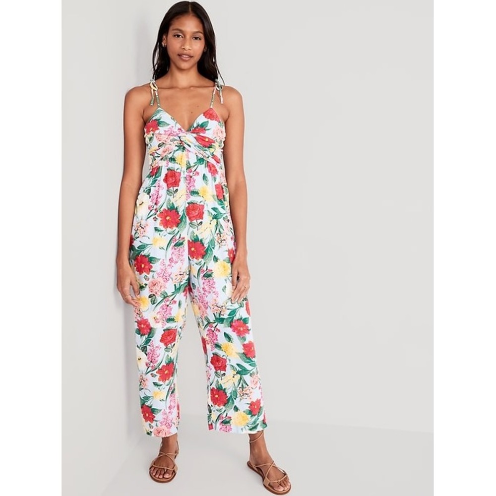 NEW Old Navy Tie-Shoulder Cropped Twist-Front Smocked Jumpsuit Size Large Floral